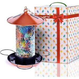 Mosaic Solar Wild Bird Feeder,Waterproof Lantern Shape with S-Hook & 4 LED Light